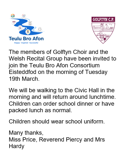 Letter for Golftyn Choir and Welsh Recital Group